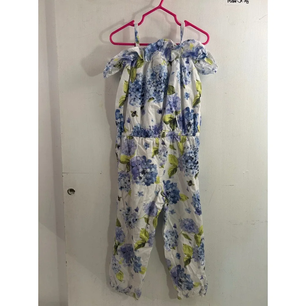 Gymboree Jumpsuit 4T White Blue Floral Hydrangea Bee Cold Shoulder Kids